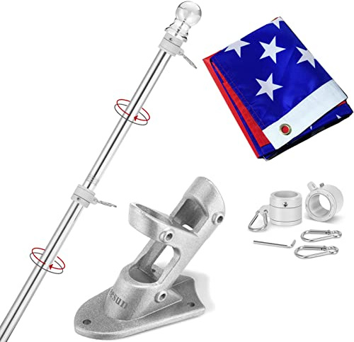 Yeesun Fahnenmast Set, 1.8 m amerikanische Flaggenmast & Halterung Fahnenmast für 3 x 5 Flaggenhalter, kein Verheddern und zur Wandmontage, Metall-Flaggenmast mit Flagge (Silber)