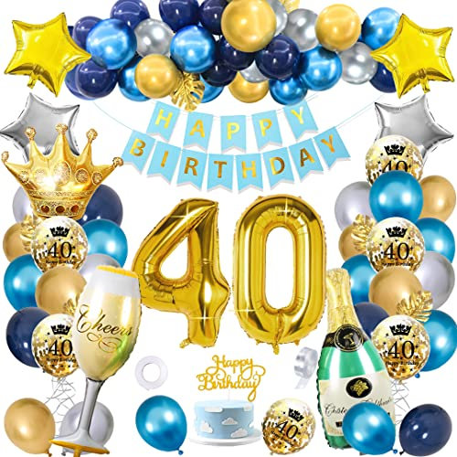 SWPEED 40. Geburtstag Deko Set für Männer und Frauen - Navy Blau, Silber, Gold Luftballons und Konfetti