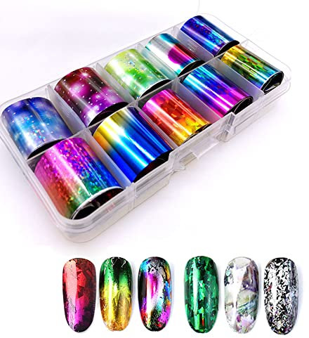 Mwoot 10 Stück Nagelfolie Transfer Aufkleber, Colorful Sternenhimmel Nagel Decals Nail Art Tipps Warps glänzend DIY Aufkleber, Holographische Glas Papier Nagel Dekorationen Kit