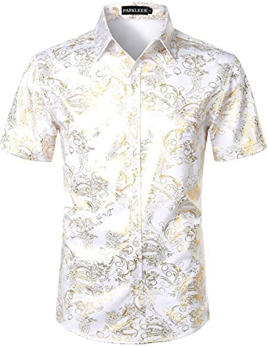 PARKLEES Men's Luxury Paisley Shiny Printed Slim Fit Short Sleeve Button Up Dress Shirt White Gold XXL