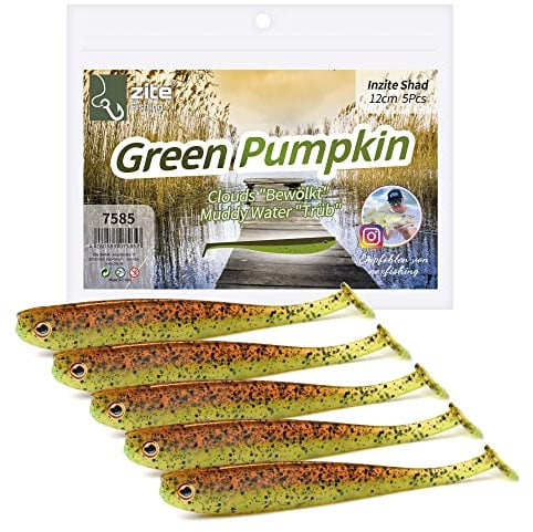 Zite Fishing Gummifische Zander Set – Inzite Shad 12cm Diverse Farben - 5STK Fängige Gummiköder Zanderangeln - Softbait Angelköder UV-Aktiv (Green Pumpkin)