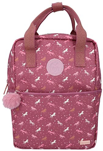 Depesche 11986 Miss Melody Wild Horses - Rucksack für Kinder in Bordeaux, mit Pferde-Muster und -Patch, Tasche mit verstellbaren Trägern und Anhänger