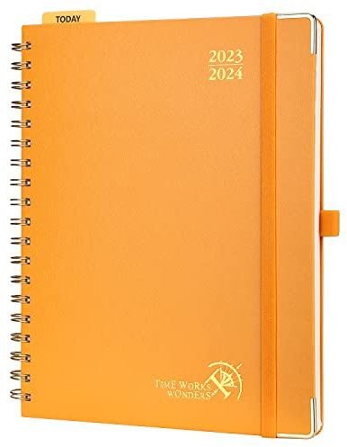 POPRUN Premium Kalender 2023 2024 Wochenplaner 25,5 x 21,5 cm, 17-Monate-Terminplaner Ringbuch (Aug.2023-Dez.2024), Planer Hardcover mit Plastiklineal, FSC®-Zertifiziertem Papier - Orange