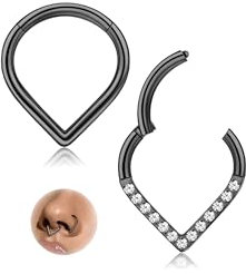 FIOROYAL 2 Stück 16G G23 Titan Septum Piercings V-förmige Daith Hoop Ohrring Nasenring Piercing Tragus Helix Conch Piercing Ring für Damen Gold Silber Schwarz B