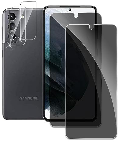 2 Pièces Verre Trempé Anti-Espion pour Samsung Galaxy S21 avec 2 Pièces Protection d'Objectif de Caméra, 9H Film Protection Écran, Sans Bulles, Film Protecteur Vitre