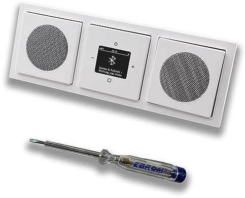 Busch Jäger DAB+ Unterputz Bluetooth (in and out) Radio 8217U-101 PUR Edelstahl, Komplett-Set mit 2 x Lautsprecher, Abdeckungen und Rahmen + EBROM Phasenprüfer zur Montage der Geräte - 8217 U – 101