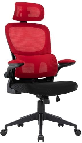 TRISENS Flexibler Bürostuhl in moderner Mesh-Optik ergonomischer Schreibtischstuhl mit Nacken- und Lordosenstütze Gamingstuhl mit atmungsaktiver Netzrückenlehne und Wippfunktion, Farbe:Schwarz/Rot