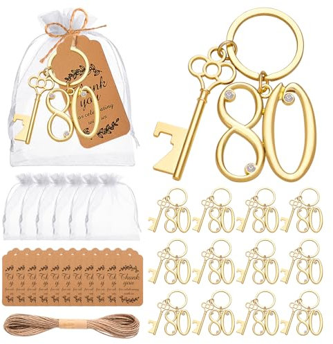 24Pcs 80th Key Bottle Openers Keychain Bulk 80th Birthday Party Favors, 80th Gold Beer Key Chain Ring Bottle Opener 80 Wedding Anniversary Return Gifts Party Decorations or Souvenirs for Guests