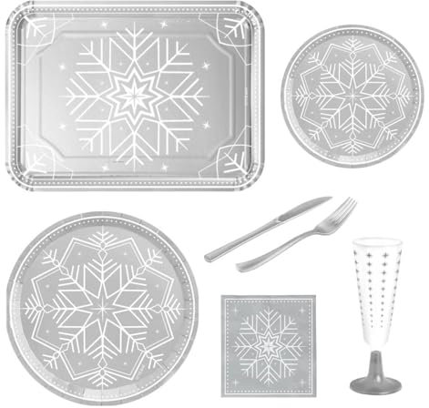 OH YEAH - Vajilla Navidad Cartón Ecológico - Kit 12 Personas - Decoración Navidad Winter Plata - Pack 108 uds - Temática Navideña - Ideal para Nochebuena, Fiestas y Cenas Especiales