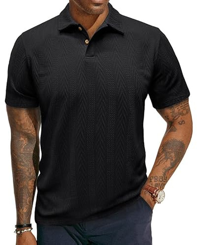 EDITCOZY Polo pour Homme Chemise à Manches Courtes Polos Casual Tissu tricoté Classci Golf Shirt Noir L