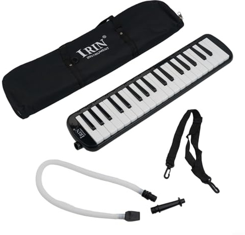 Tragbare Melodica mit 37 Tasten, mit Tragetasche, enthält sowohl kurze als auch lange Mundstücke für Anfänger (schwarz)