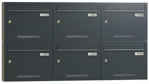 Zedelmaier Briefkastenanlage für Mehrfamilienhaus, 6er-Set, personalisiert | Wetterfester Wandbriefkasten, DIN C4, je 4 Schlüssel, Lasergravur, Edelstahl-Namensschild, 37,5 x 30 x 10,5 cm, Anthrazit