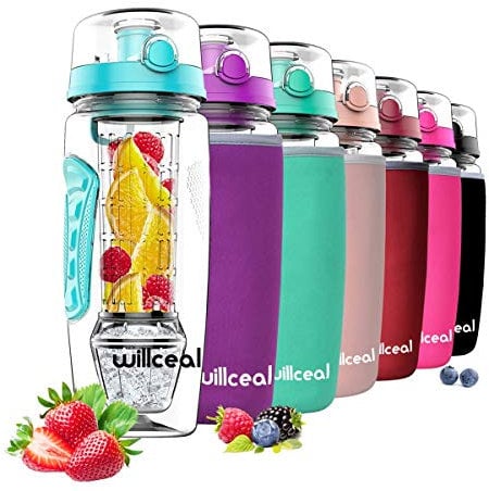 willceal Bouteille d'eau pour infuseur de Fruits 32 oz Durable avec Boule de Gel Amovible, Grande - Tritan sans BPA, Couvercle à Rabat, Protection Anti-fuites - Sports, Camping (Sarcelle)