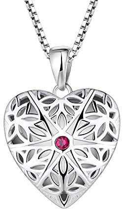 FJ Herz Foto Medaillon Kette Damen 925 Sterling Silber Personalisierte Medaillon zum öffnen für Bilder Memory Anhänger Halskette Rubin Schmuck für Frauen