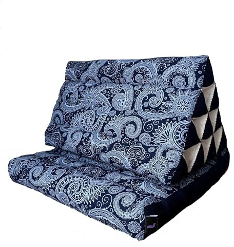 Leewadee Thai-Kissen Falt-Matratze Chill-Out Klapp-Matte Gepolsterte Lesestütze Boden-Liege-Matte mit Dreieck-Kissen Thai-Matte, Kapok, 75 x 50 cm, Blau Weiß
