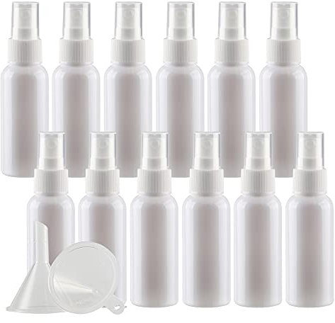 ZEOABSY 12 Piezas 50ml Botella de Spray Vacía Plástico Blanco Atomizador de Viaje Conjunto de Botellas, con Pulverizador de Niebla Fina Blanco para Aromaterapiacon 2 Embudos