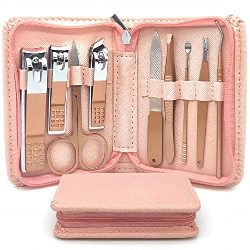 Nail Clippers Manicure Set - 9 In 1 Professional Stainless Steel Nail Scissors Grooming Kit For Women & Man Nail Care Tools Pedicure Kit With Pink PU Leather Zip Case For Travel & Home(ROSE GOLD)