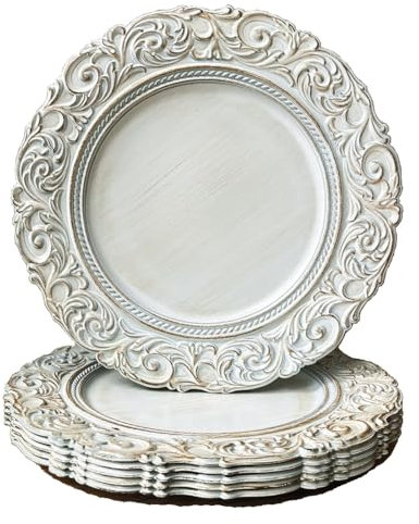 Umisriro Antique Charger Plates,13 Inch White Dinner Plate Chargers Round Server Ware.Set of 6 Plastic Embossed Charger for Dinner, Party, Wedding, Elegant Tableware Decoration. (White) (JJPF001W)