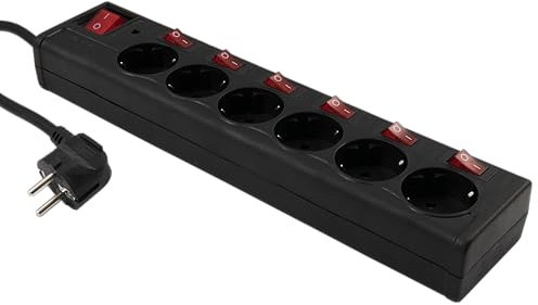 McPower Regleta de enchufes 6 en 1 con Interruptor Individual, protección contra sobretensiones, 230V, 16A, 3.680W, 1,5m, Color Negro
