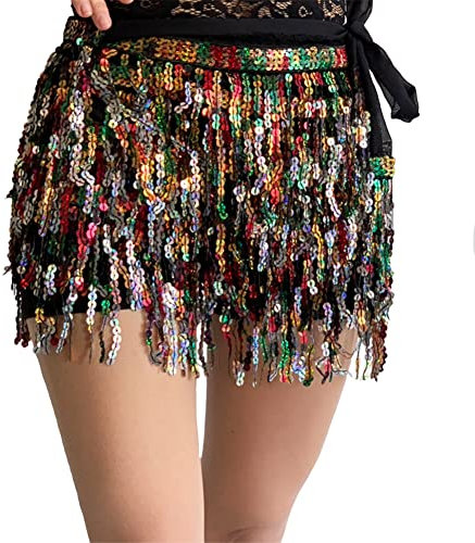 Damen Pailletten-Quastenrock, glitzernde Fransen, Bauchtanz, Hüftschal, Röcke, Festival, Tanz, Performance, metallisch, Rave, Party, Gürtel, Kostüm, schwarz/regenbogen, 42-44