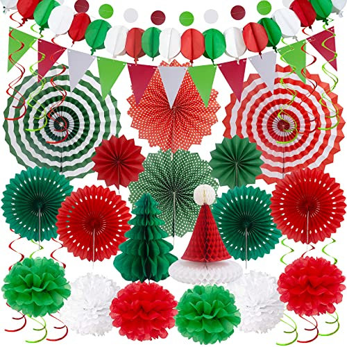 Weihnachten Party Deko Festival Set – Huryfox 33pcs Christmas Geburtstags Fiesta Kinder Dekoration Papier Pompons Liefert Girlande WabenbäLlen Geeignet für Garten and Home Deko