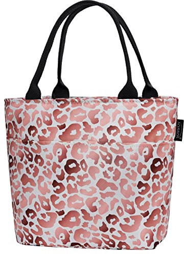 Aosbos Grande Borsa Termica Porta Pranzo Borsa Pranzo Ufficio Portamerenda Bambino Scuola Pieghevole Lunch Bag Università Zaino Lavoro Donna Viaggio/Barbecue/Campeggio Accessori Utili, Leopardo Rosa