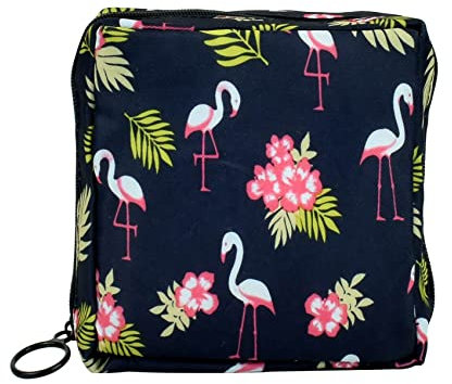 JUNFEIXUAN Sanitary Napkin Storage Bag Menstrual Cup Pouch Portable Pads with Zipper Feminine Menstruation First Period Bags for Teen Girls Women Ladies. (Black - Flamingo)