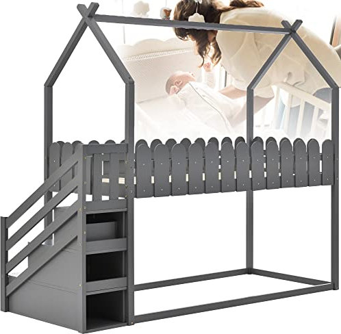 GBHJJ Kojenbetten für Kinder, Bett Mit Treppe, Baumhaus, Massives Kiefernholzbett Mit Baldachin, Hochbett, Schlafwagen für Zuhause, Schule Und Wohnheim (Natur),Grey