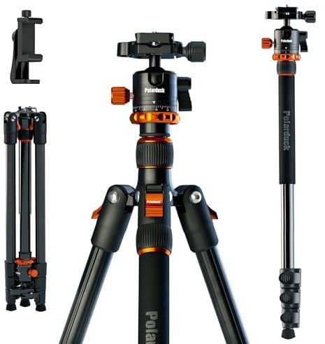 Polarduck Camera Tripod Phone Tripod Stand: Professional Travel Tripod & Monopod with 360 Ball Head & Phone Holder Mount Compatible with Sony Canon Nikon Fujifilm DSLR SLR & Smartphone (165cm/65)