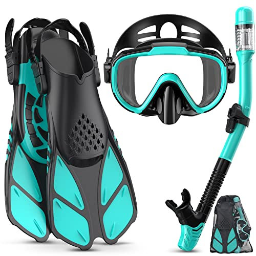 Lealinga Snorkel Set Adult with Flippers, Anti-Fog Diving Set, Dry Snorkel, Adjustable Flippers, Snorkelling Packages for Men and Women
