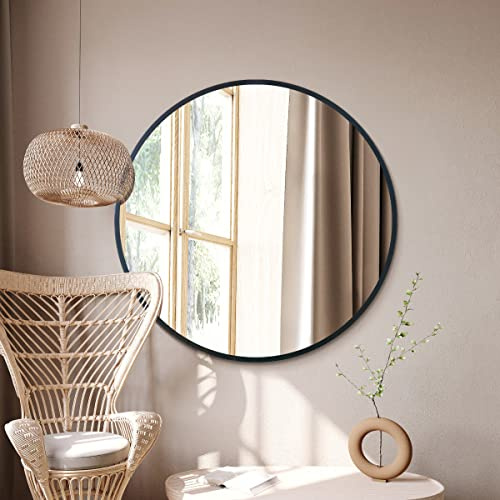 MirrorOutlet The Fenestra - Black edged Modern Round Circular Wall Mirror 43 X 43 (110CM X 110CM) Silver Mirror Glass with Black Metal Frame