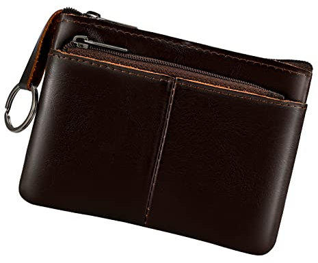 Porte-monnaie en cuir véritable avec triple fermeture éclair et porte-clés, marron foncé, Pochette à monnaie