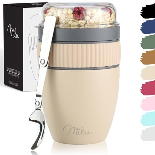 Milu gobelet à emporter 400ml I gobelet à yaourt isolé en acier inoxydable pour le muesli I gobelet anti-fuite avec cuillère pour yogourt/porridge (Beige)