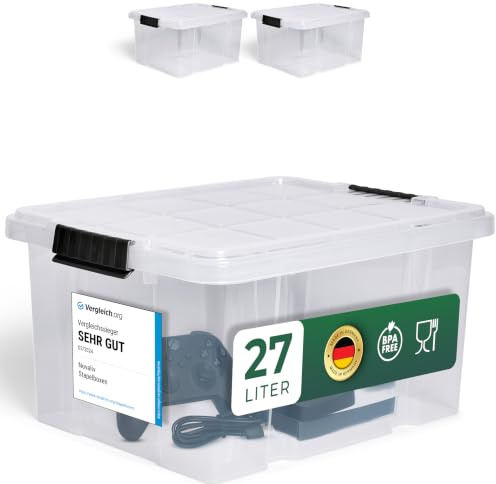 Novaliv 3x Aufbewahrungsboxen mit Deckel 27L transparente Nestbar stapelbare Storage boxes mit Clipverschluss Kunststoffbox BPA-frei 46,5x36,5x24 cm