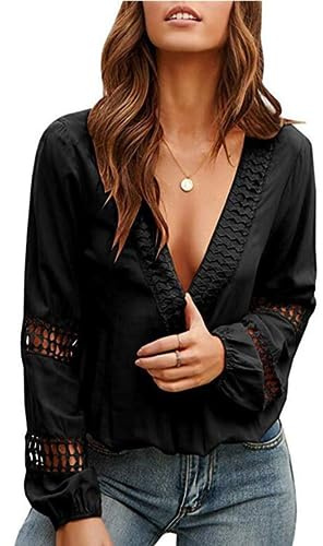 MQYXGS Camisa sexy de encaje con cuello en V profundo de manga larga Blusas con escote suelto casual túnica Tops camisetas monocolor S-XXL, B-negro., XL