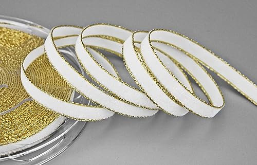 3 m x 9 mm Samtband 607G WEISS Gold Samt mit Goldkante Velvet Velour Geschenkband Schleifenband elegant Geschenkverpackung Dekoration Weihnachten Band Nähen