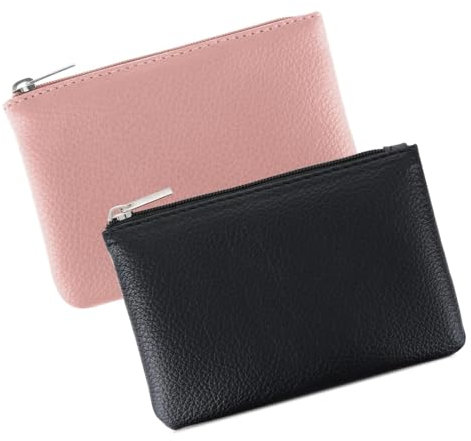 Giantree Kleine Geldbörse für Frauen, 2 Stück Niedliche Leder Lychee Muster Zipper Münztasche Tragbares Portemonnaie Mini Münzgeldbörse für Frauen Damen ID Schlüssel Headset (Schwarz+Rosa)
