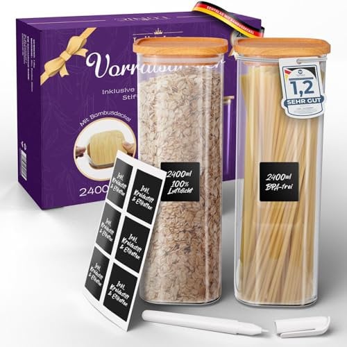 LÜNIC Vorratsgläser mit Bambusdeckel – Vorratsbehälter Glasbehälter Vorratsdosen Aufbewahrungsgläser eckig, luftdicht, stapelbar (2er Set - 2400 ml)