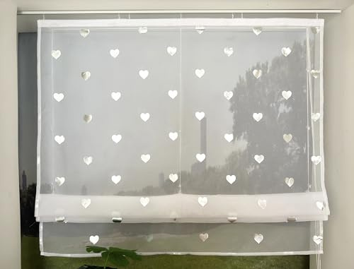 Devola Raffrollo mit Glanzmuster Raffgardinen Modern Küche Transparent Fertiggardine Gardinen Silber Glänzend Voile Raffrollo HxB 140x120cm Herzmuster mit Klettband 1 Stück