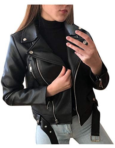 Lederjacke Damen Schwarz Motorrad Übergröße Moto Biker Lederjacke Reißverschluss Kunstlederjacke Herbst Mantel Leicht Kurz Bikerjacke Reverskragen Motoradjacke Leder Jacke Übergangsjacke Fahrradmantel