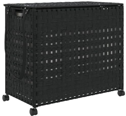vidaXL Wäschekorb, Wäschesammler mit Rollen Deckel, Klappbar Wäschebox mit 3 Fächern Innentasche, Wäschetruhe Wäschetonne, Schwarz 66x35x60cm Rattan