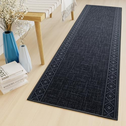 TAPISO Teppichläufer Antirutsch Kurzflor Schwarz Marineblau Modern Design Gummiert rutschfest Läufer Flur Wohnzimmer Schlafzimmer ÖKO-TEX 80 x 550 cm