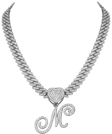 Flongo Damen Kette Silber Halskette: Iced out cuban link chain Kuban Plattenkette statement panzerkette modeschmuck Frauen choker hip hop schmuck ketten mit A Anhänger Geschenk für Herren Mädchen