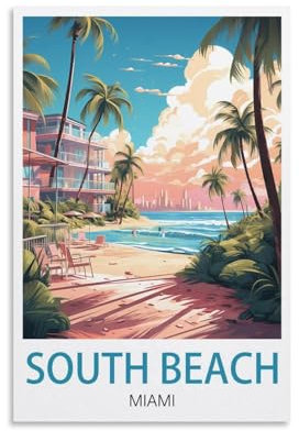 LICHNWW South Beach Miami Vintage-Reiseposter, 20 x 30 cm, Leinwanddruck für Wohnzimmer, Schlafzimmer, Wohnheim, Zuhause, Büro, Wanddekoration