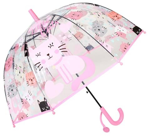 ThreeH Kinder Regenschirm Clear Bubble Automatisch geöffnet Niedliche Katze Cartoon Kuppel Baldachin für Mädchen im Alter von 3-8 Jahren,Rosa