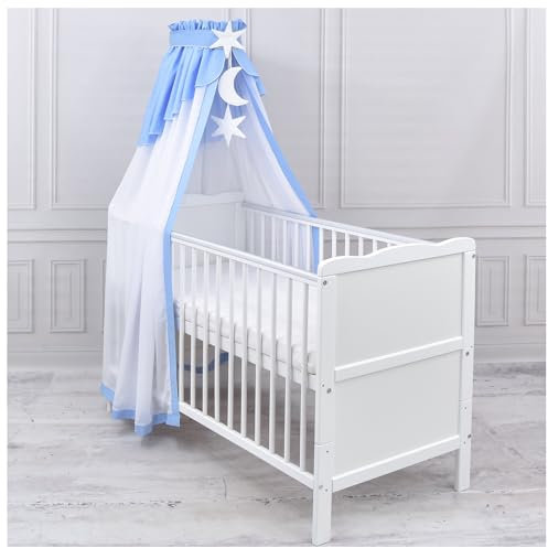 Generisch Baby Delux Babybett Himmel Betthimmel Chiffon Baldachin für Babybett Kinderbett Wiege Stubenwagen Himmelstange Applikationen Deko (Blau, mit Himmelstange)
