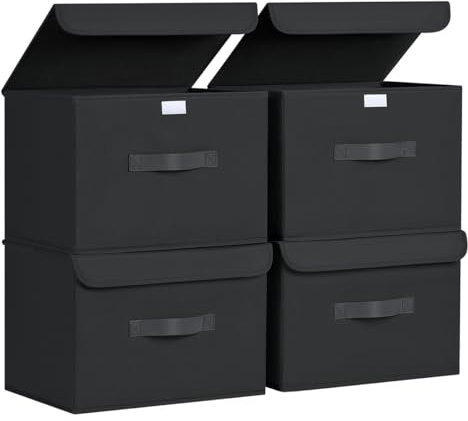 Homsorout 4 Stück Aufbewahrungsboxen mit Deckel, Faltbare aufbewahrungsbox mit Griff, Aufbewahrungskorb Stoff, Ordnungsboxen box mit deckel, Faltbox für Kleidung, Bücher, Schwarz