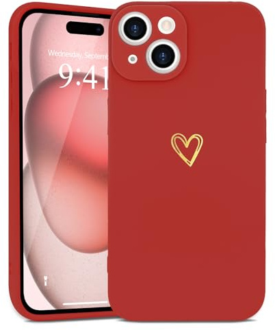 Wirvyuer for iPhone 15 Plus Cute Heart Case for Women, Bright Red | Skin-feel Soft Silicone, Love-Heart Pattern Design Phone Case, Shockproof Protective Slim TPU Bumper Cover for Girls