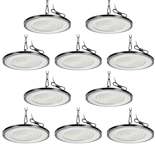 Viugreum 10 Paquetes de UFO LED 200W, Proyector LED exterior 20000LM, Blanco Frío 6500K, AC 85-265V IP65 Impermeable Iluminación de Taller, Led Industrial UFO con Cadena para Taller Gimnasio