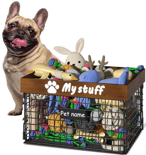 Foellstoe Dog Toy Bin Toy Basket Metal Storage Box with Handles Dog Organizer Chew-Proof Dog Toy Box Blankets Leashes Chest Puppy Dog Toy Storage Wood Metal Container Home Decor Pet Toys Dog Cat
